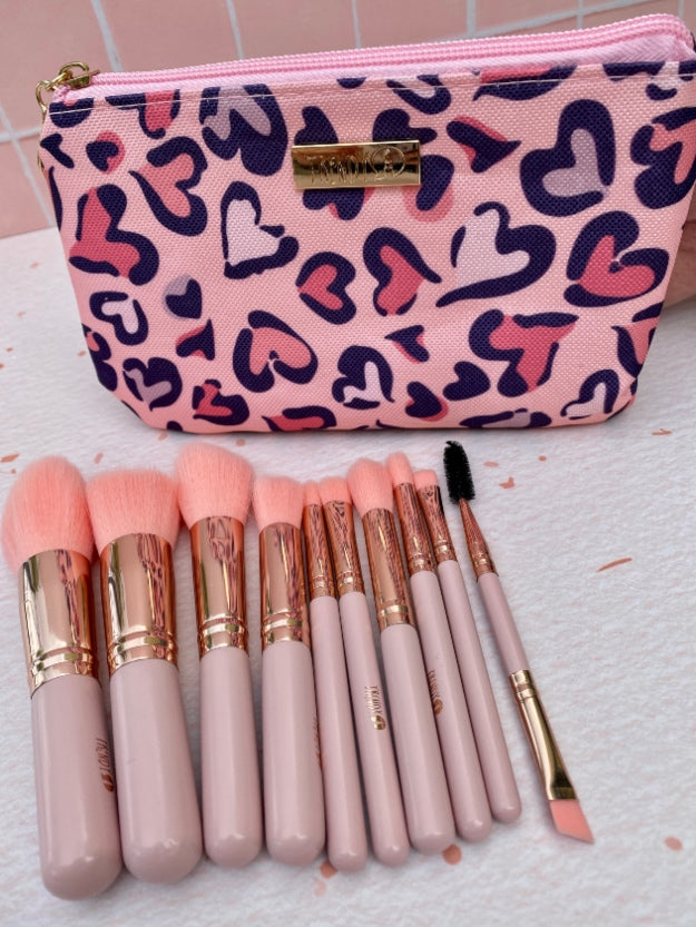 KIT DE BROCHAS MINI ROSADO X 10 UND CON COSMETIQUERA TRENDY