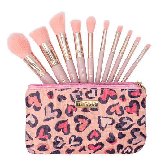 KIT DE BROCHAS MINI ROSADO X 10 UND CON COSMETIQUERA TRENDY